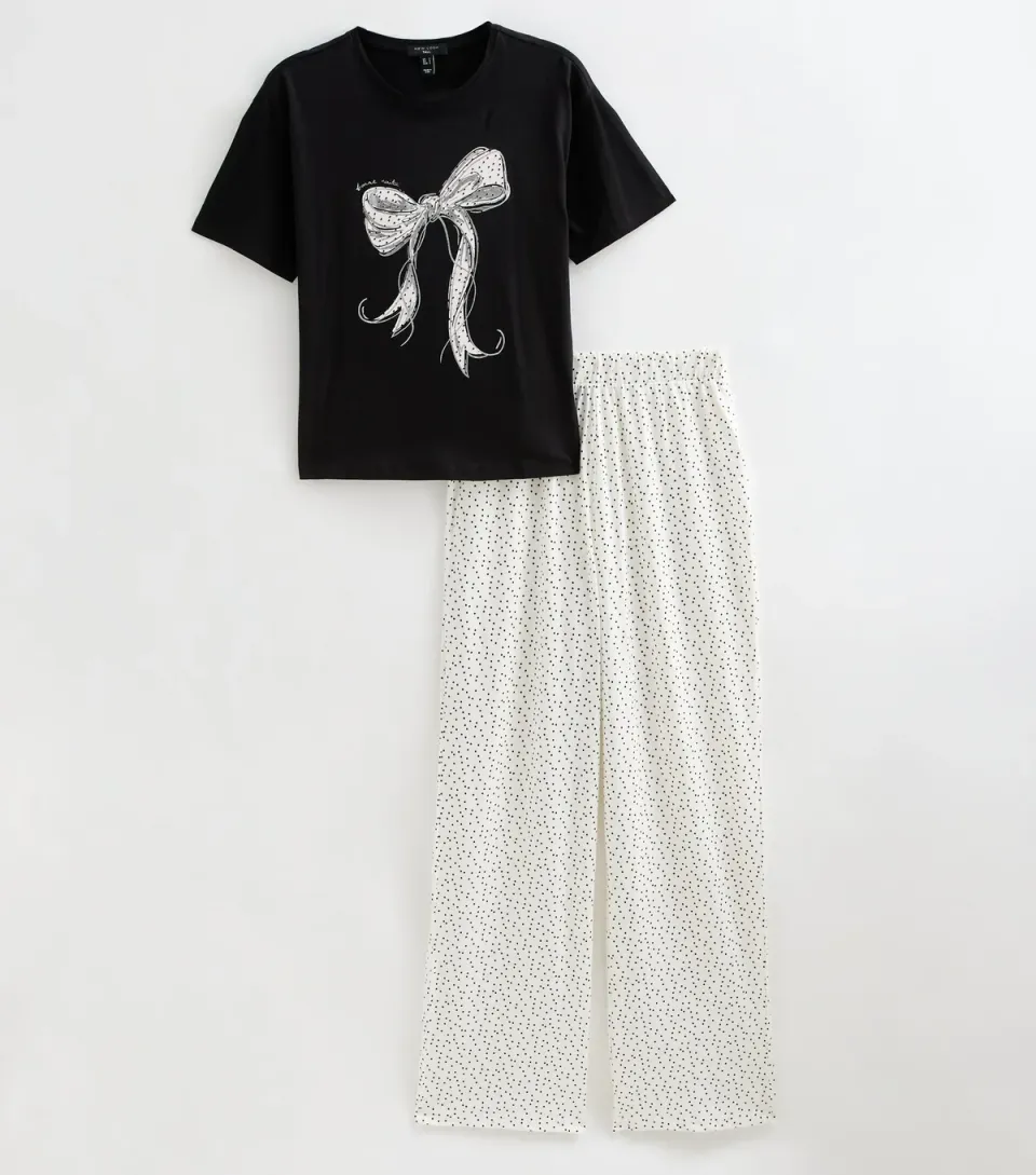 Women's Tall Black Cotton Bow T-Shirt and Trousers Pyjama Set