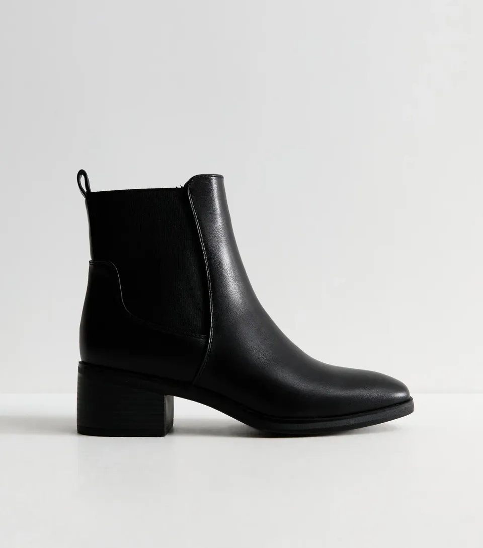 Women's Black Faux Leather Chisel Toe Low Heel Chelsea Ankle Boots Vegan