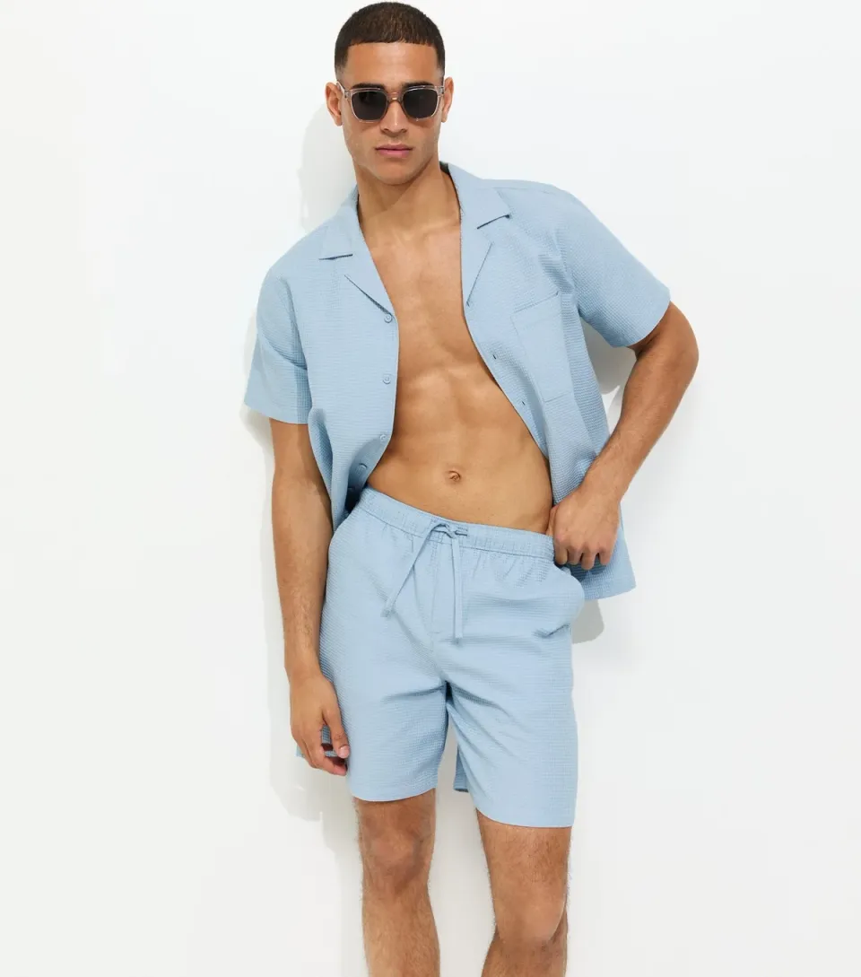 Men's Light Blue Relaxed Waffle Drawstring Shorts