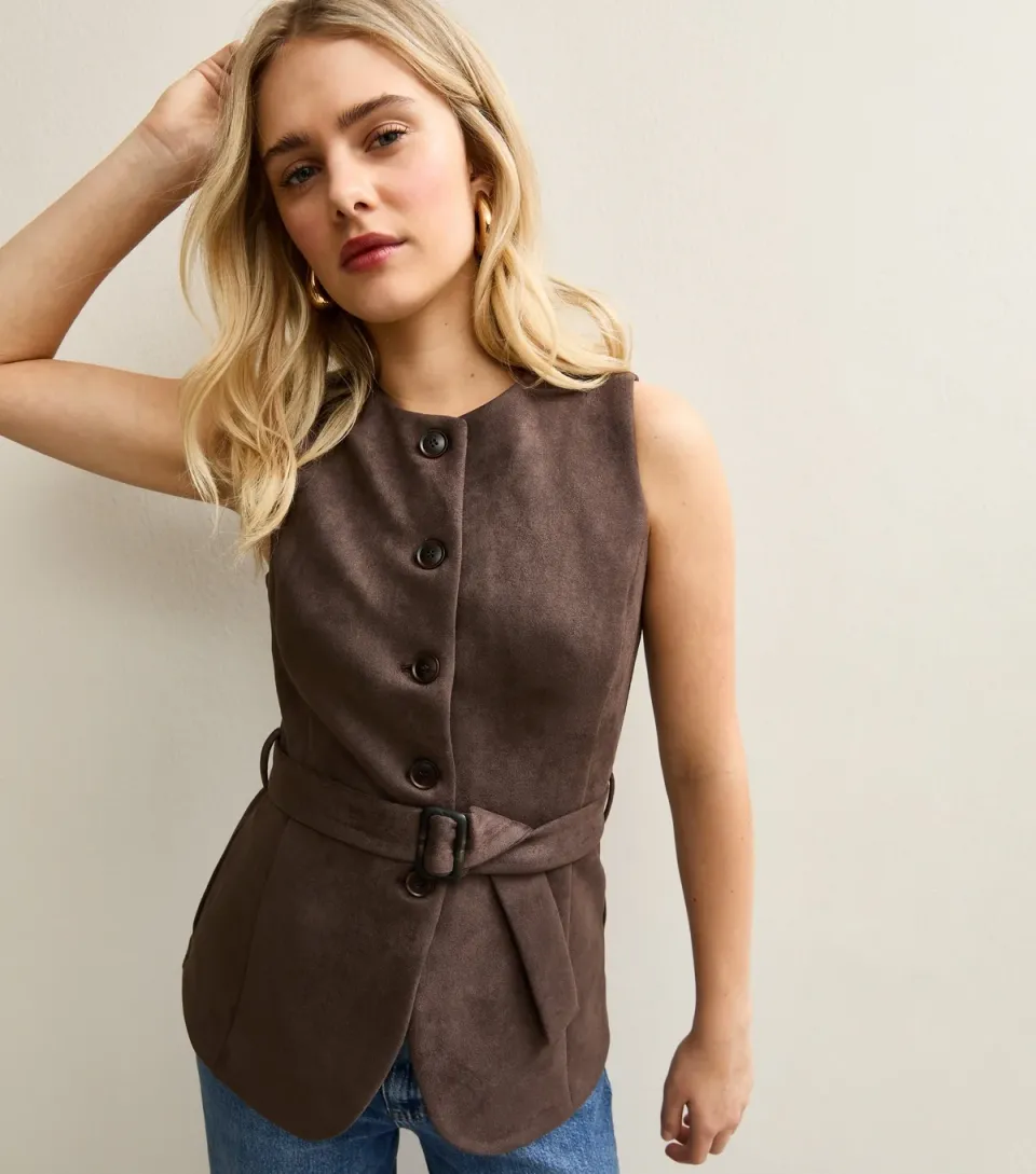 Women's Dark Brown Faux Suede Belted Waistcoat