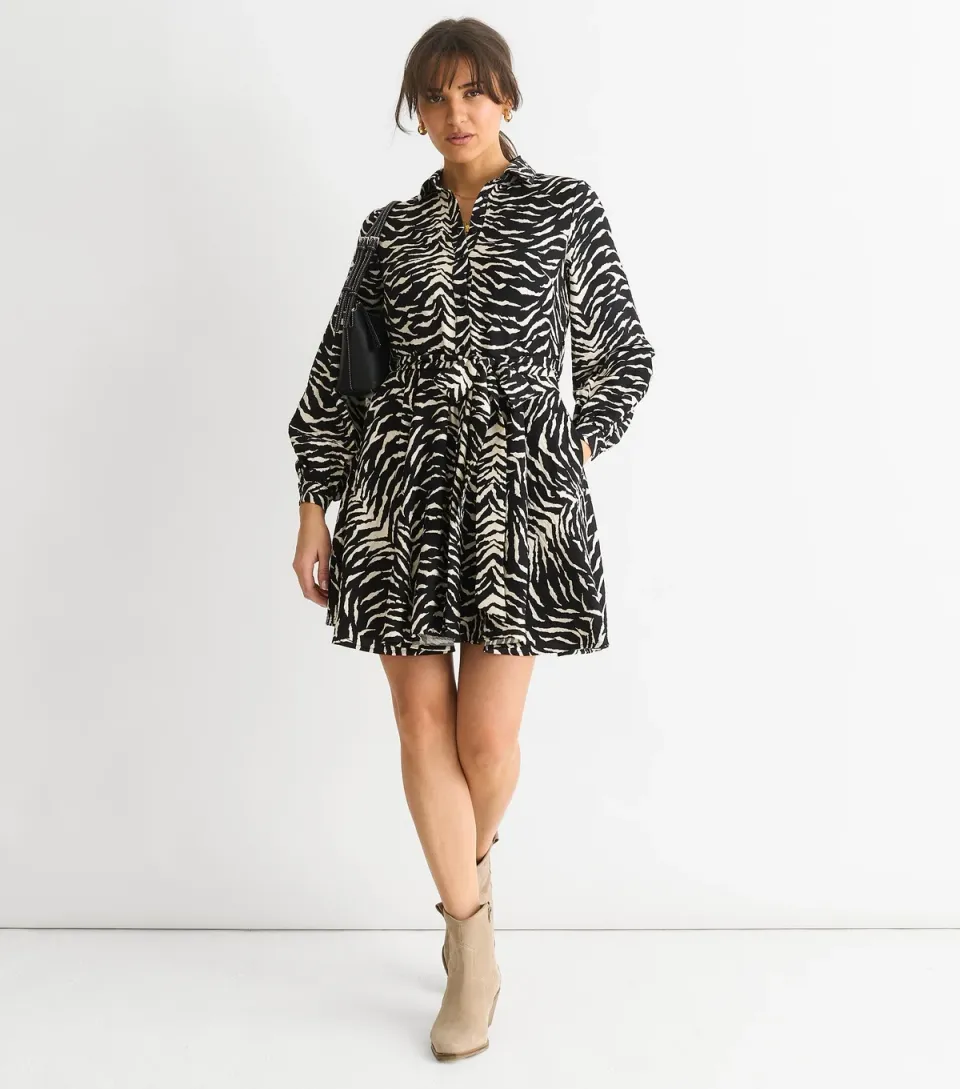 Women's Black Zebra Print Belted Mini Shirt Dress