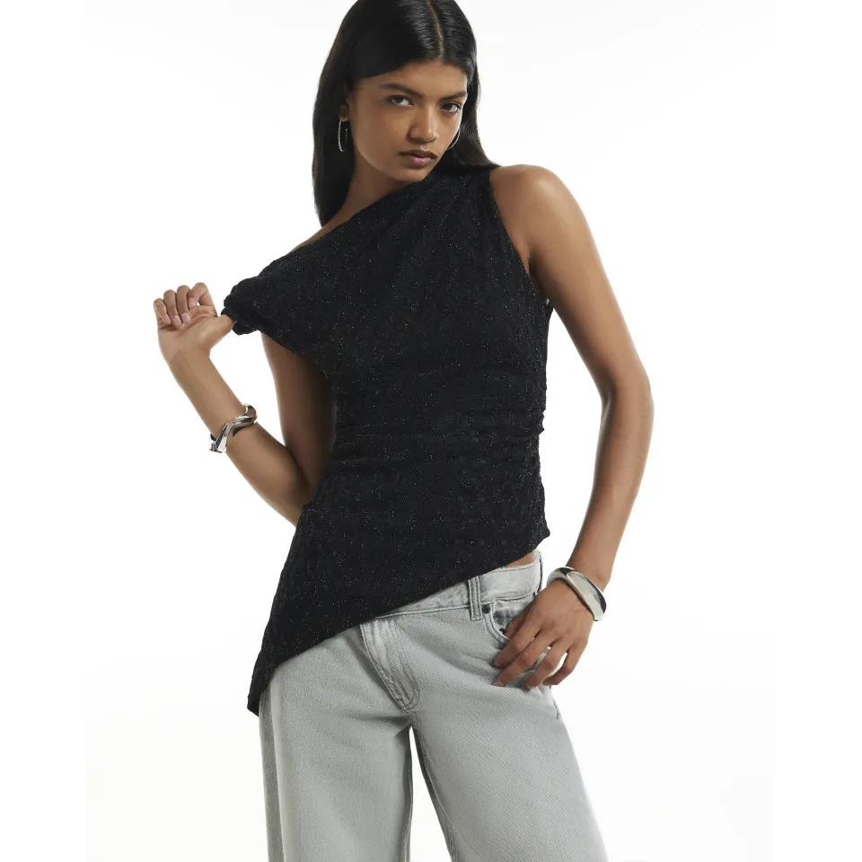 Metallic Drape Asymmetric Top