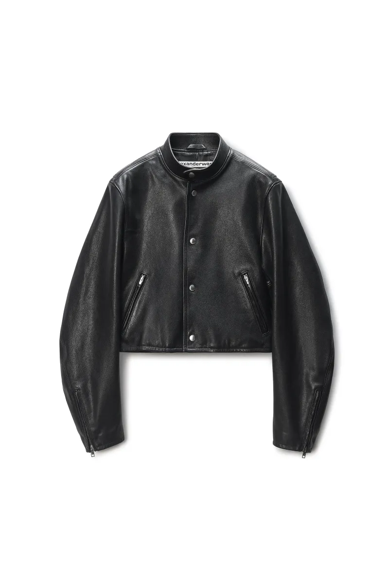 Black Glossy Leather Cropped Moto Jacket