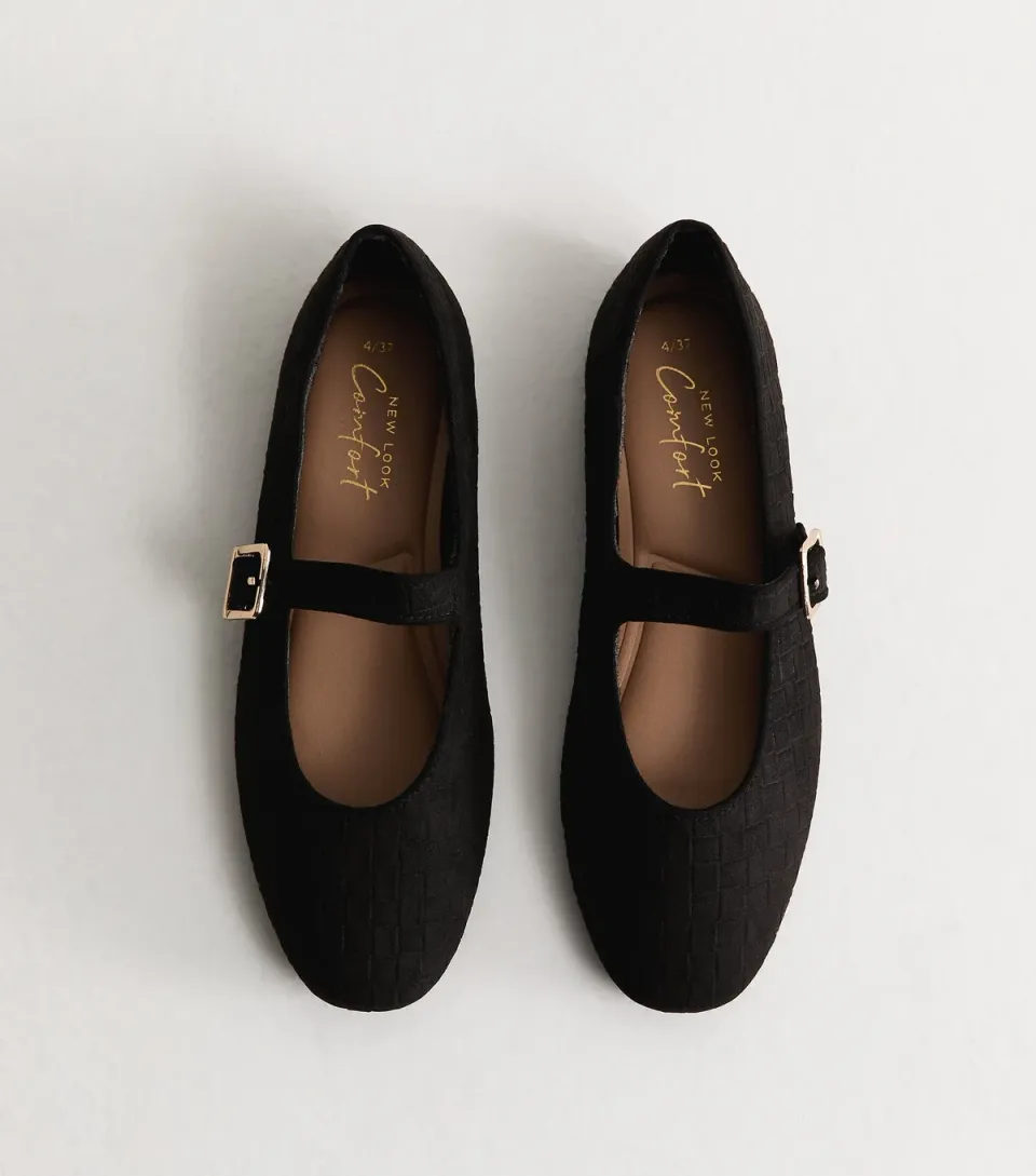 Women's Black Textured Faux Suede Buckled Mary Jane Flats Vegan