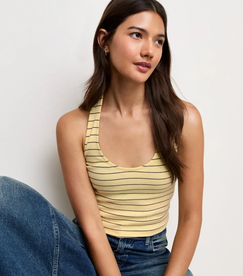 Women's Yellow Cotton Rich Striped Halterneck Top