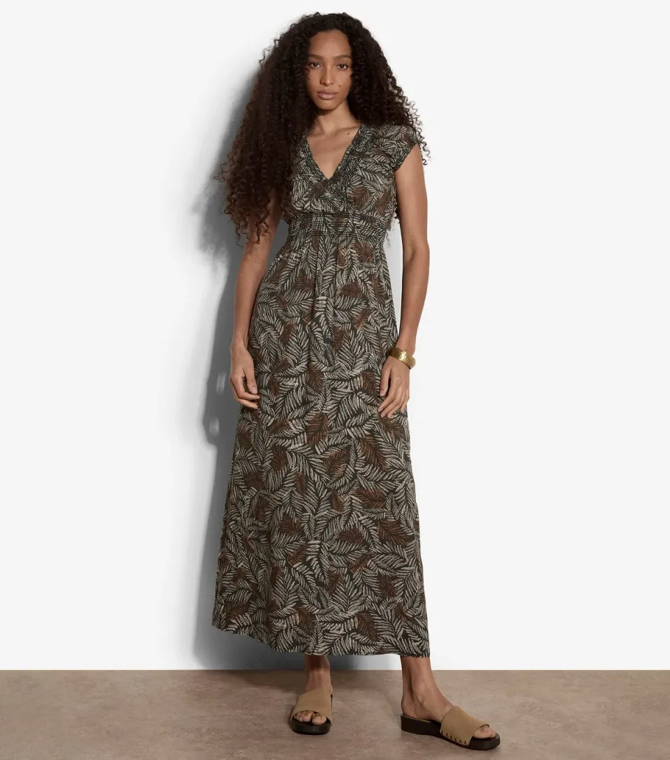 Women's Green Leaf Print V-Neck Maxi Dress