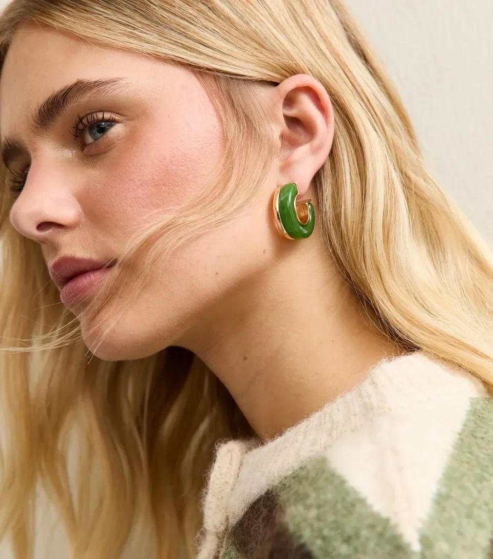 Gold Tone Green Resin Chunky Hoop Earrings