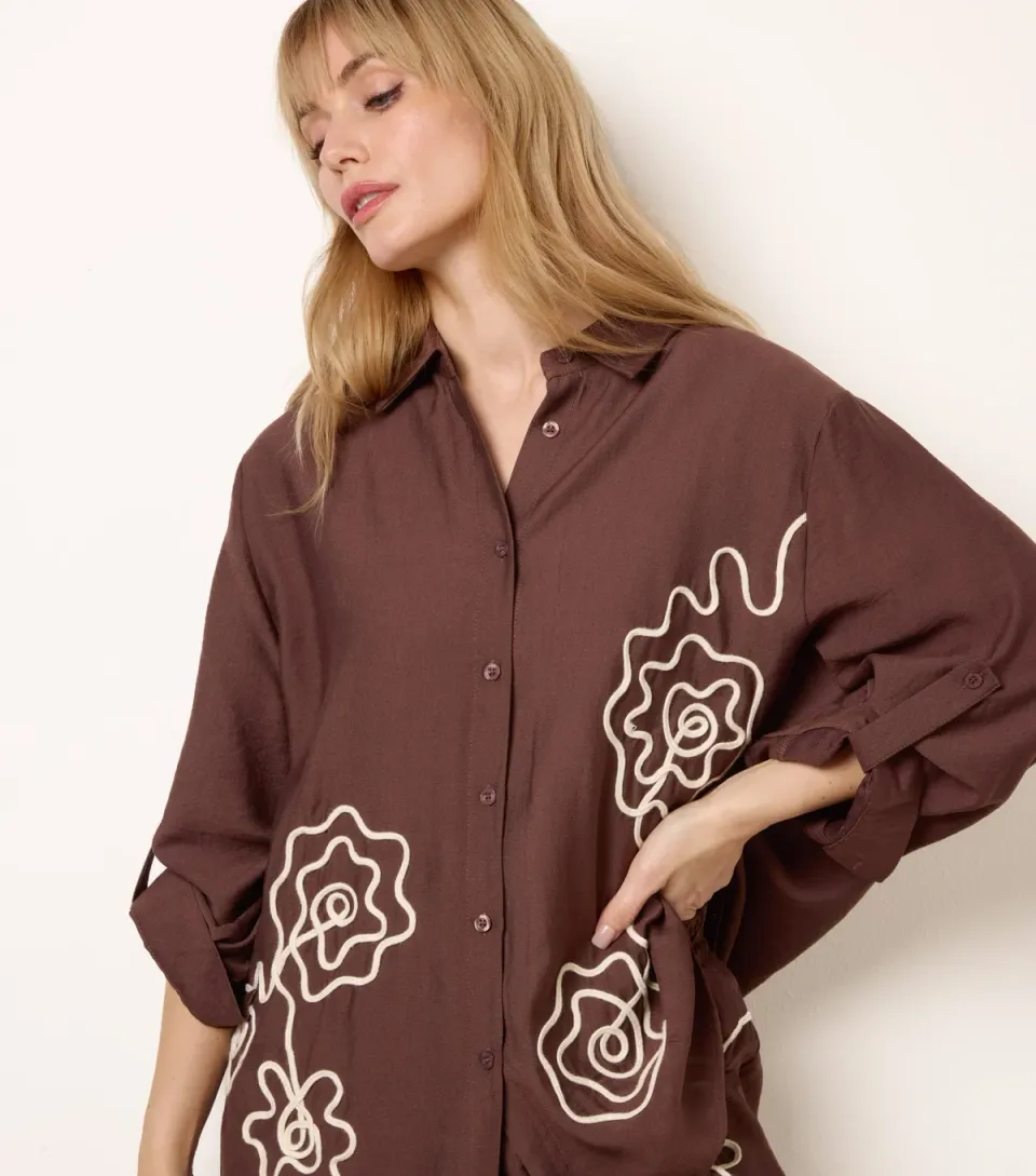 Women's Dark Brown Floral Embroidered Shirt