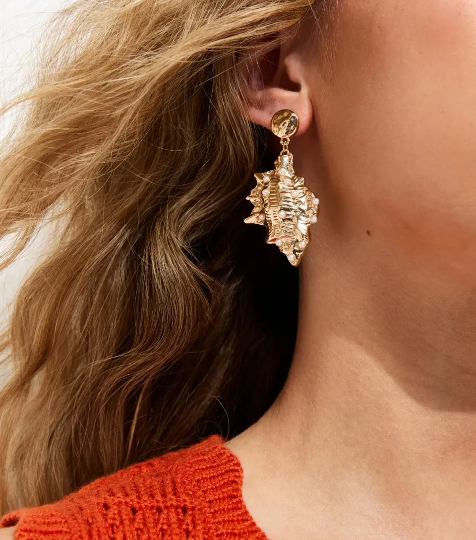 Gold Tone Shiny Shell Faux Pearl Drop Earrings