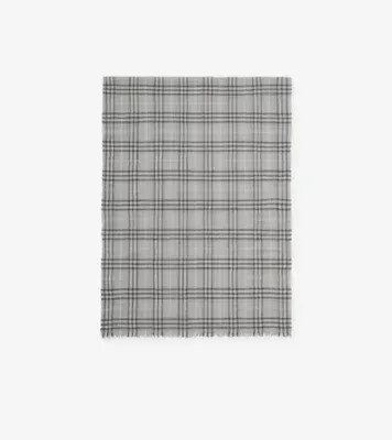 Wide Embellished Check Wool Silk Blend Scarf in Mitten grey