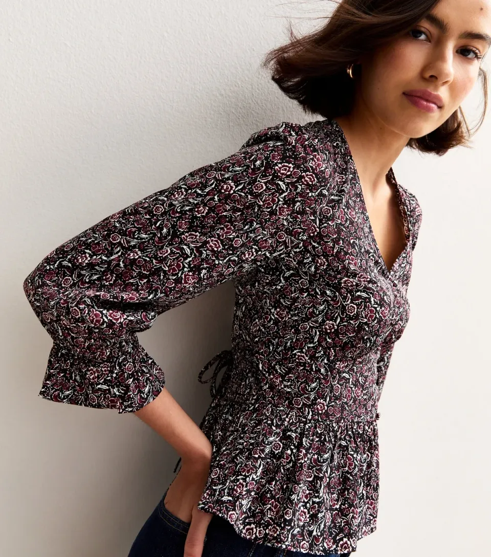 Women's Black Floral Print V-Neck Blouse