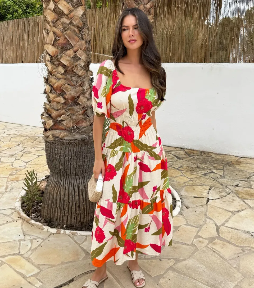 Women's Multicolour Shirred Waist Midi Dress