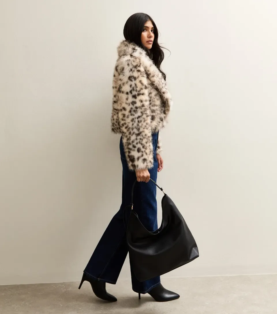 Women's Brown Animal Print Faux Fur Cropped Jacket