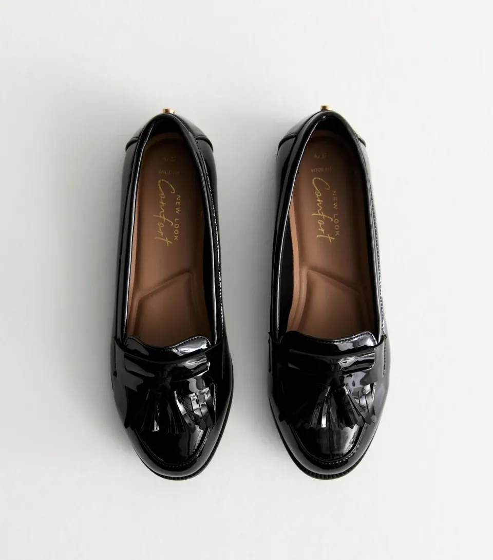 Women's Wide Fit Black Patent Tassel Loafers