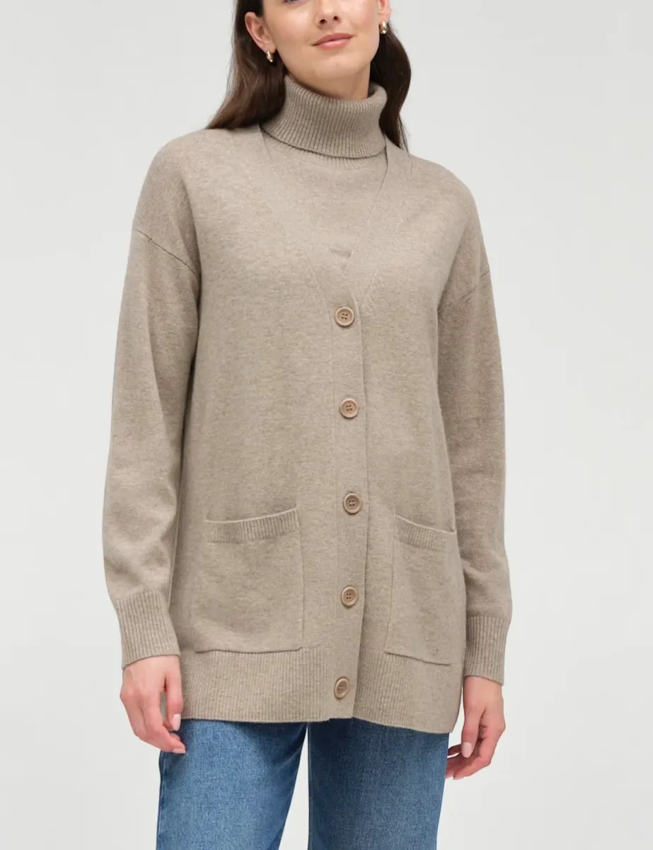 Wool Rich V-Neck Longline Cardigan Light Brown