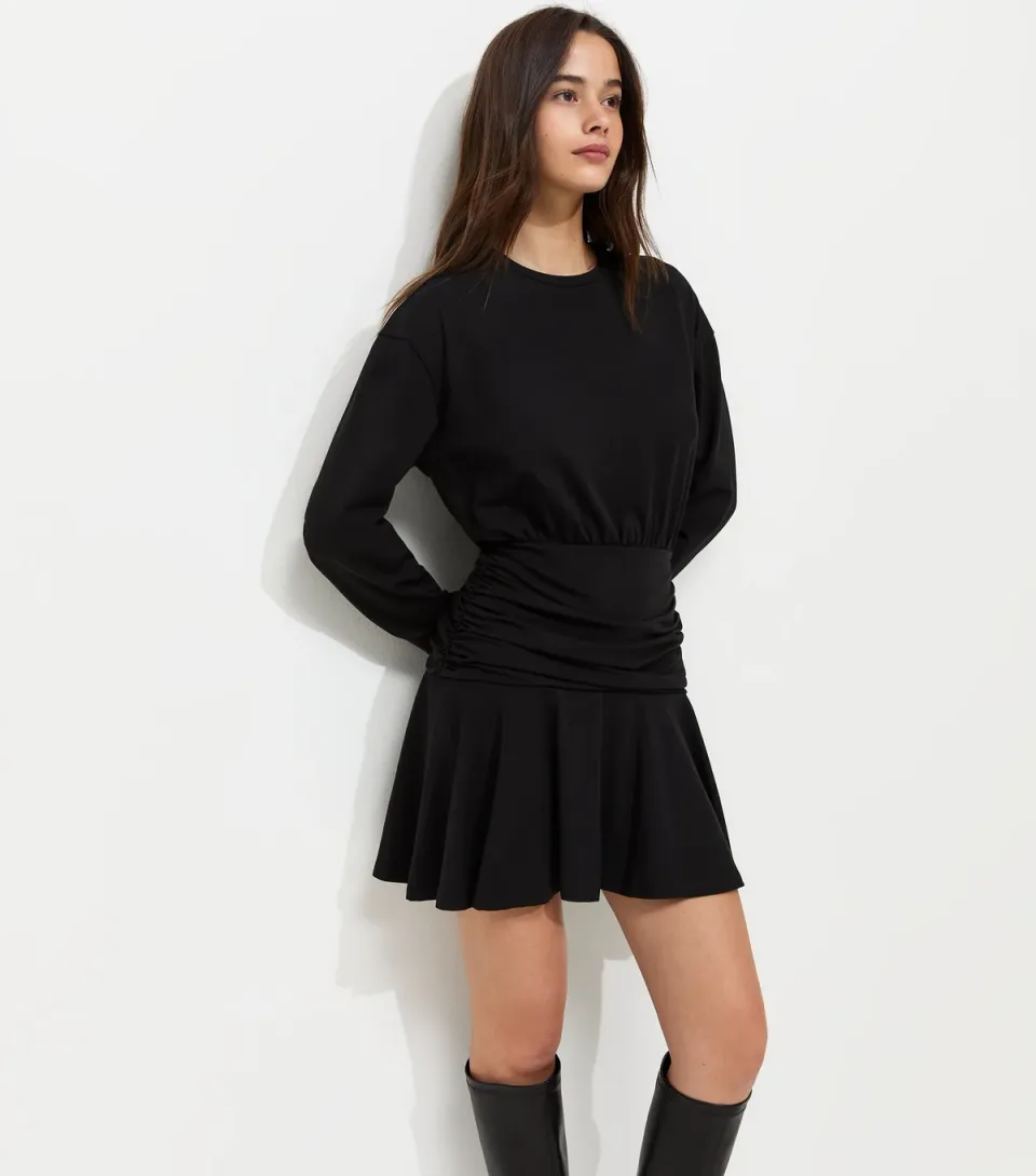 Women's Black Long Sleeve Jersey Ruched Waist Mini Dress