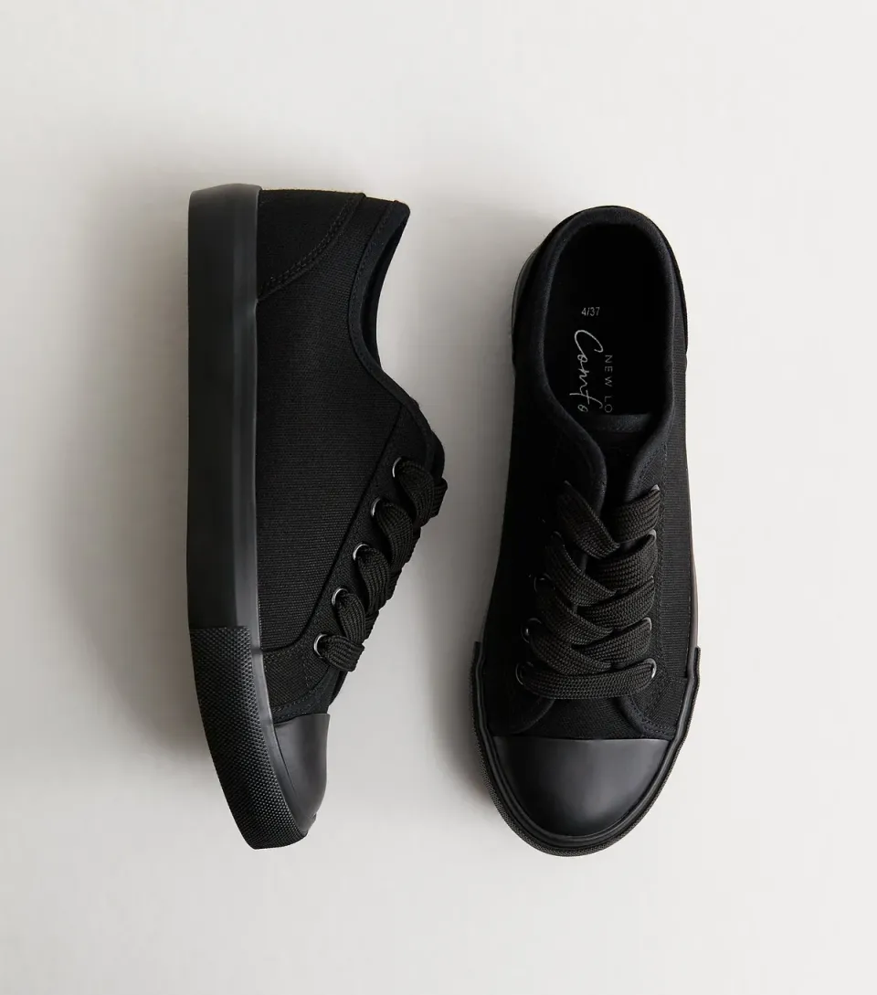 Women's Black Cotton Canvas Lace Up Trainers Vegan