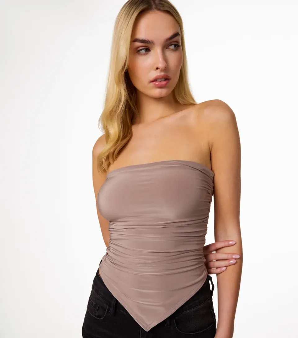 Women's Brown Ruched Slinky Bandeau Top
