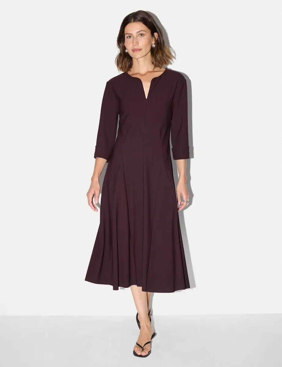 Crepe Notch Neck Godet Midi Swing Dress