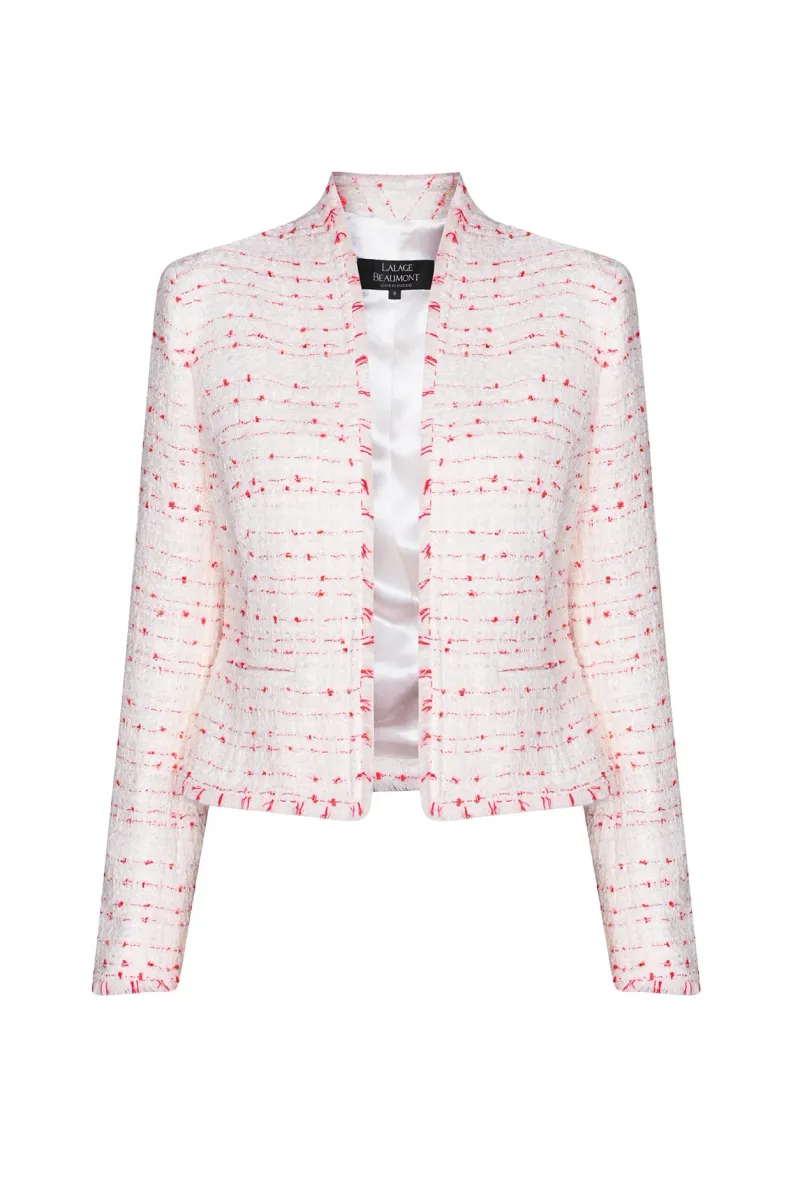 Tweed Peplum Style Jacket in Ivory with Scarlet Tufted Stripes - Margo