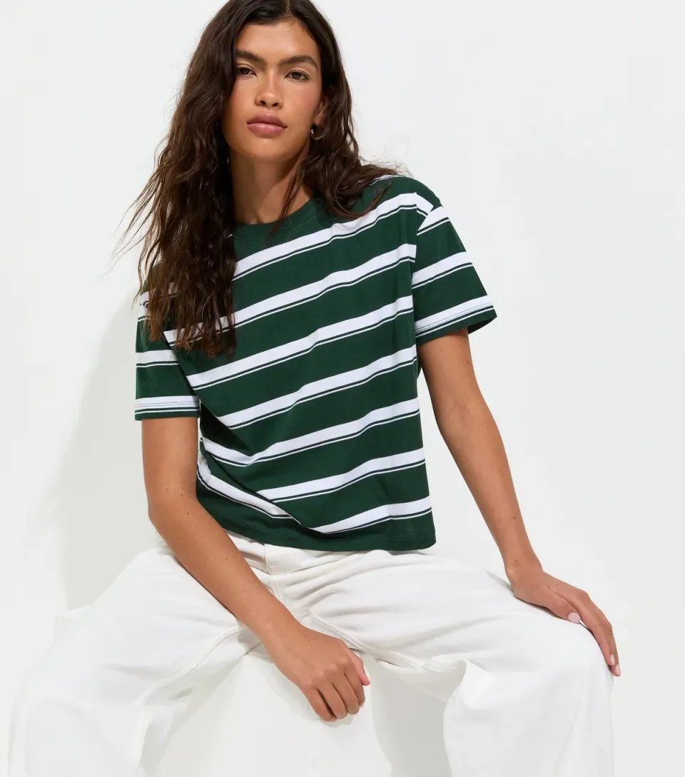 Women's Green Cotton Striped Boxy Fit T-Shirt