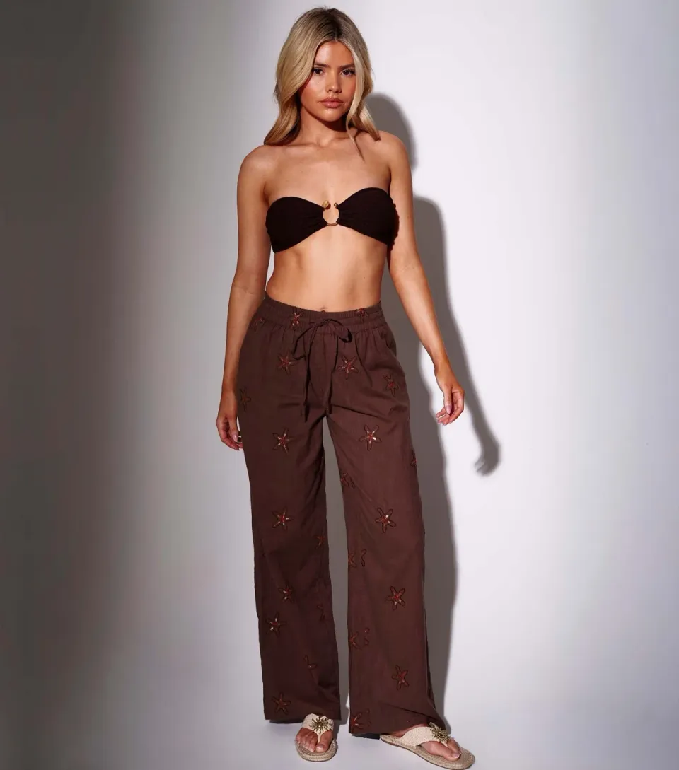 Women's Brown Starfish Embroidered Wide Leg Trousers