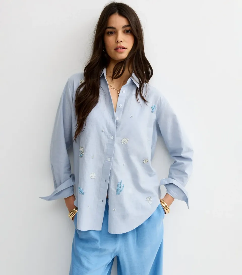 Women's Blue Seaside Bead Embellished Long Sleeve Shirt