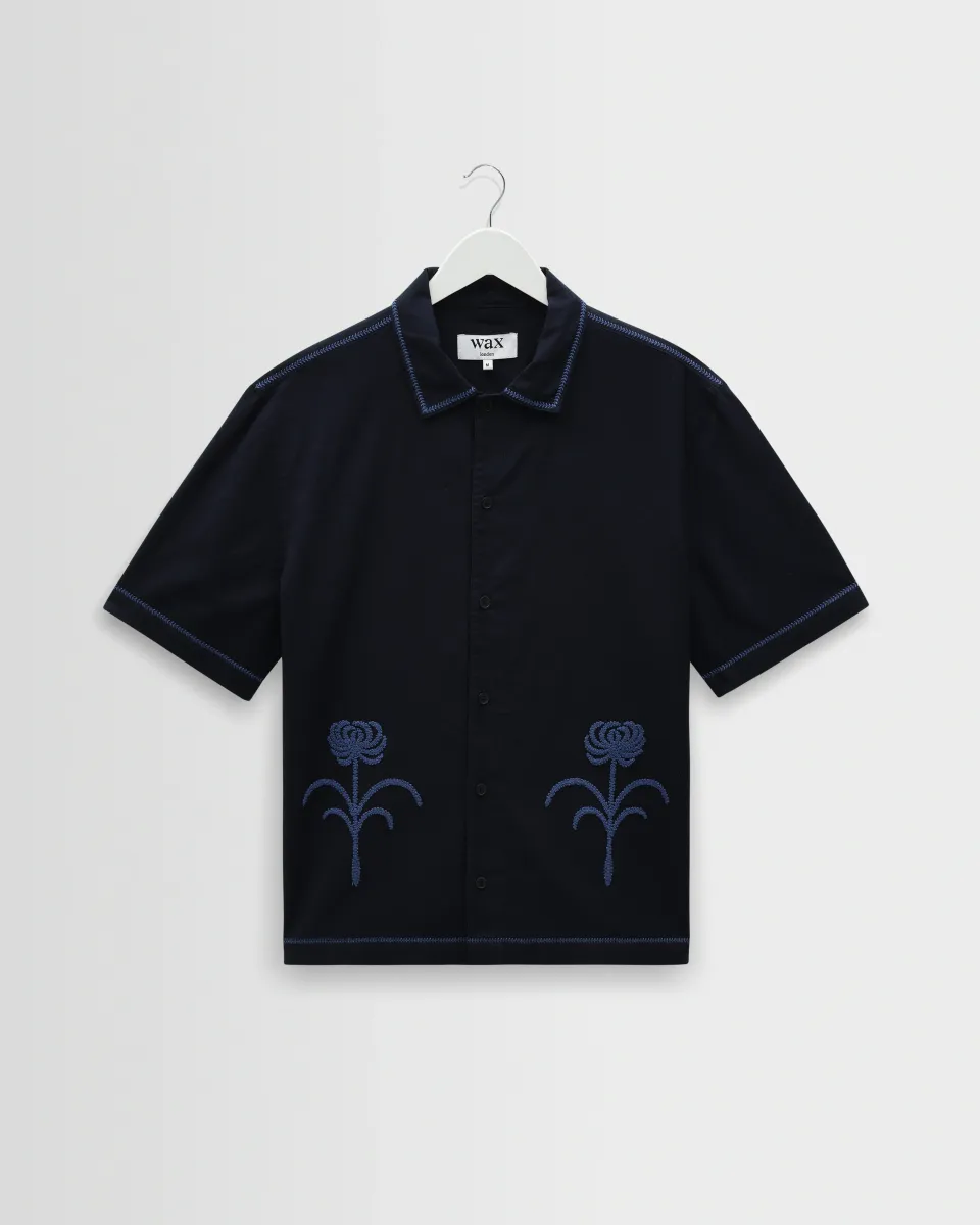 Keats - Navy and Blue Embroidered Short-Sleeve Shirt