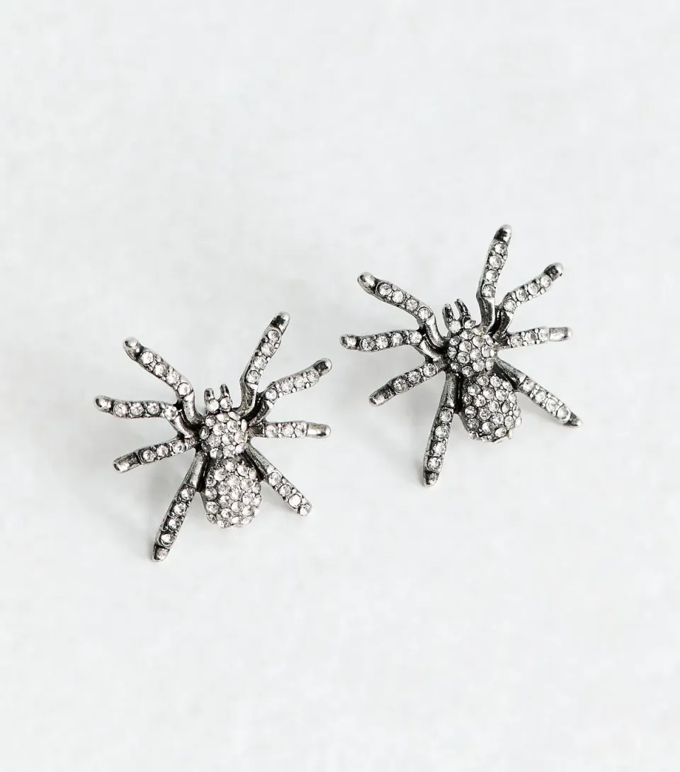 Silver Tone Spider Stud Embellished Earrings
