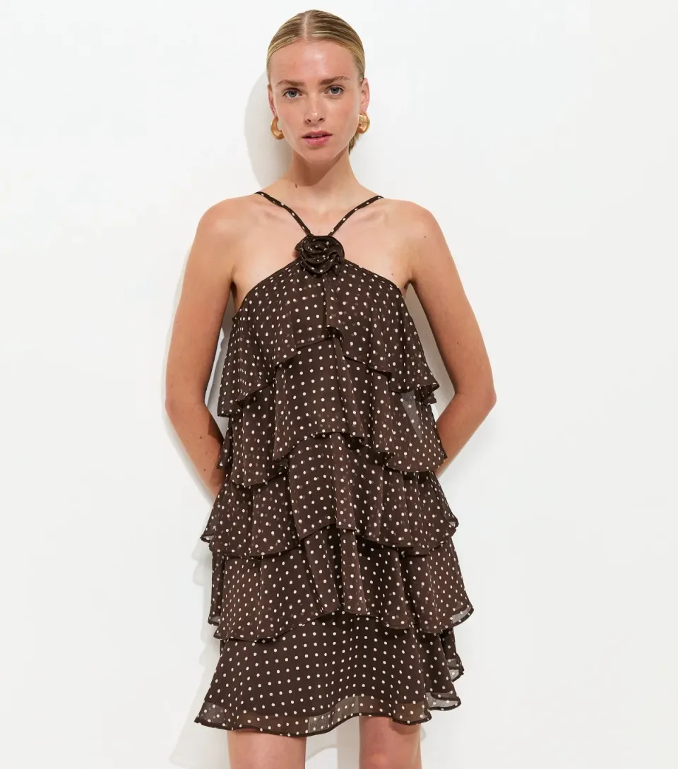 Women's Brown Polka Dot Ruffle Halterneck Mini Dress