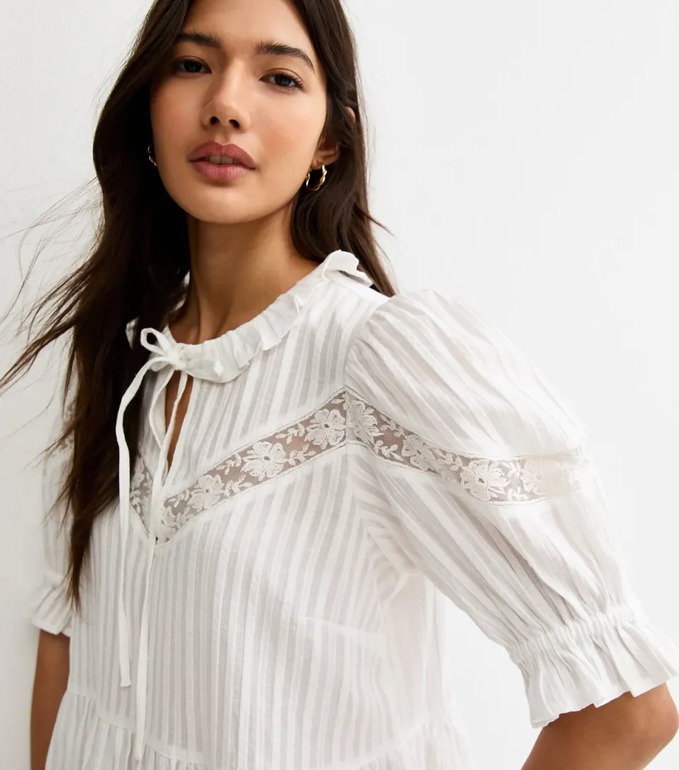 Women's White Striped Ruffle Tie Neck Blouse
