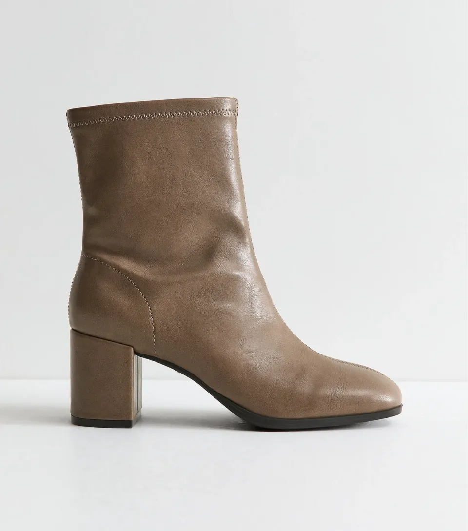 Women's Light Brown Faux Leather Sock Block Heel Ankle Boots Vegan