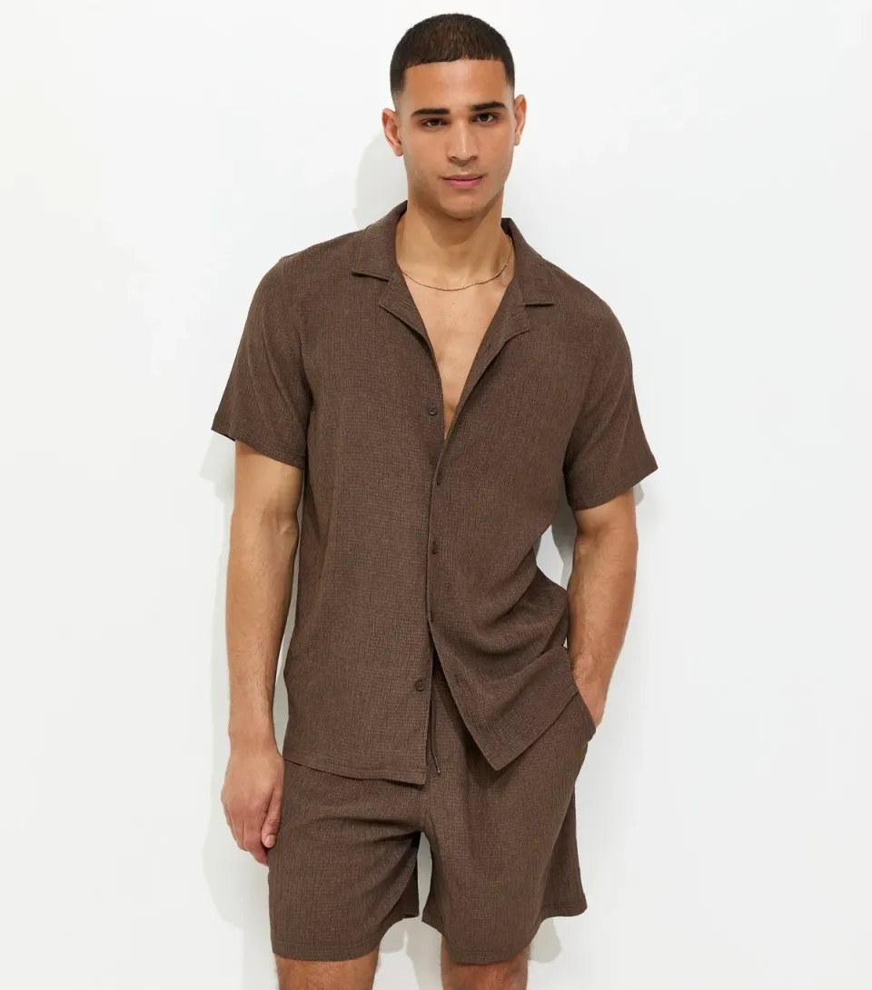 Men's Dark Brown Regular Textured Drawstring Shorts