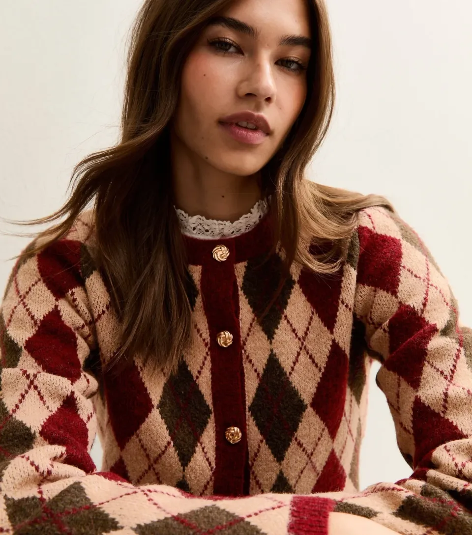 Women's Red Argyle Long Sleeve Knit Cardigan