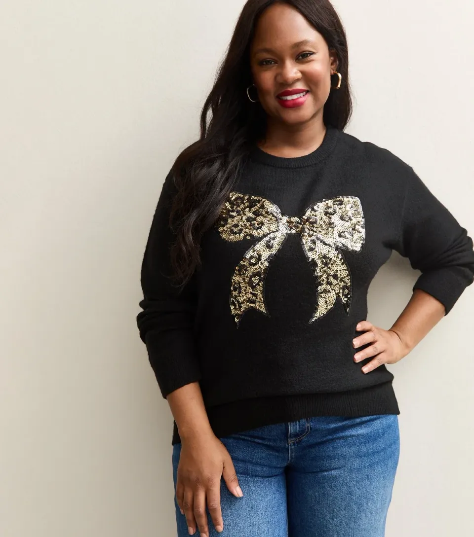 Women's Plus Size Black Sequin Leopard Bow Embellished Jumper Curves