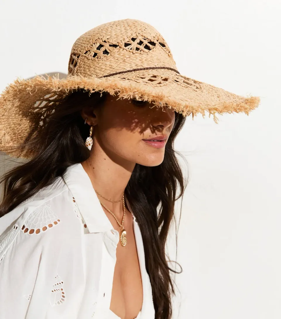 Stone Frayed Floppy Straw Hat