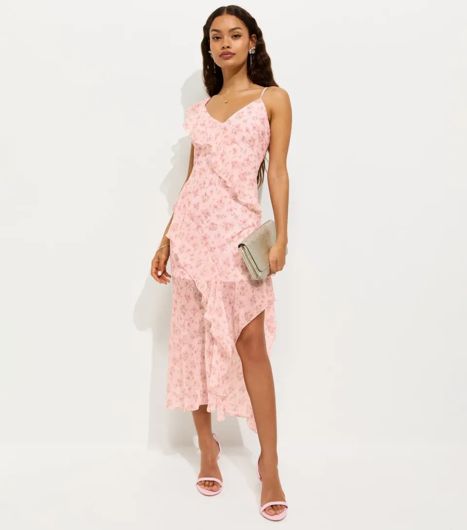 Women's Petite Pink Floral Print Chiffon Ruffle Trim Midi Dress