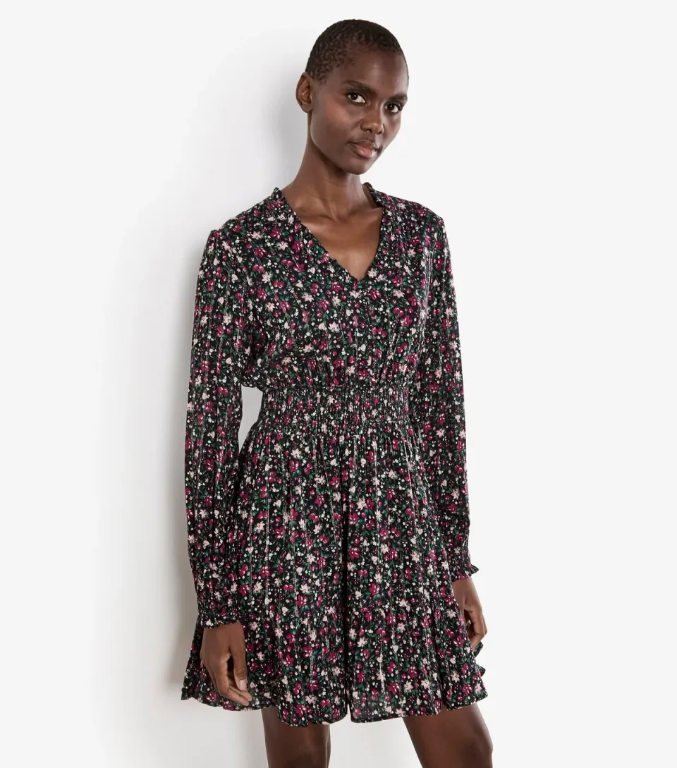 Women's Black Lurex Shirred Floral Dress