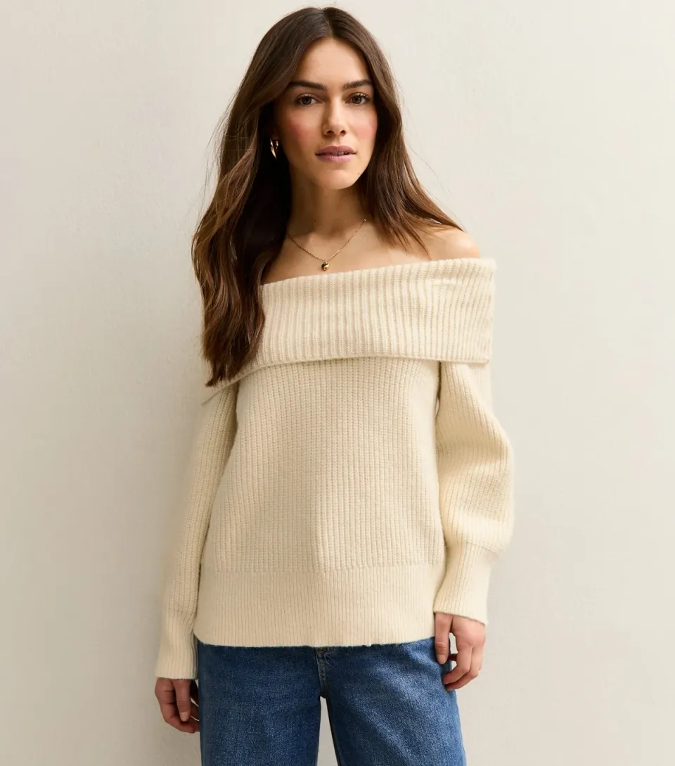 Women's Petite Cream Ribbed Bardot Off The Shoulder Jumper