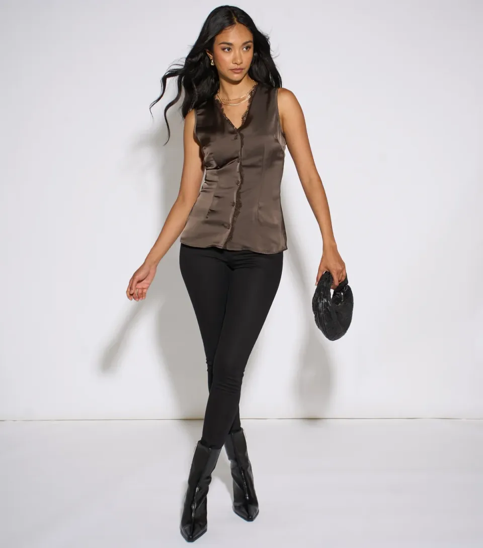 Women's Satin Lace Trim Waistcoat Top