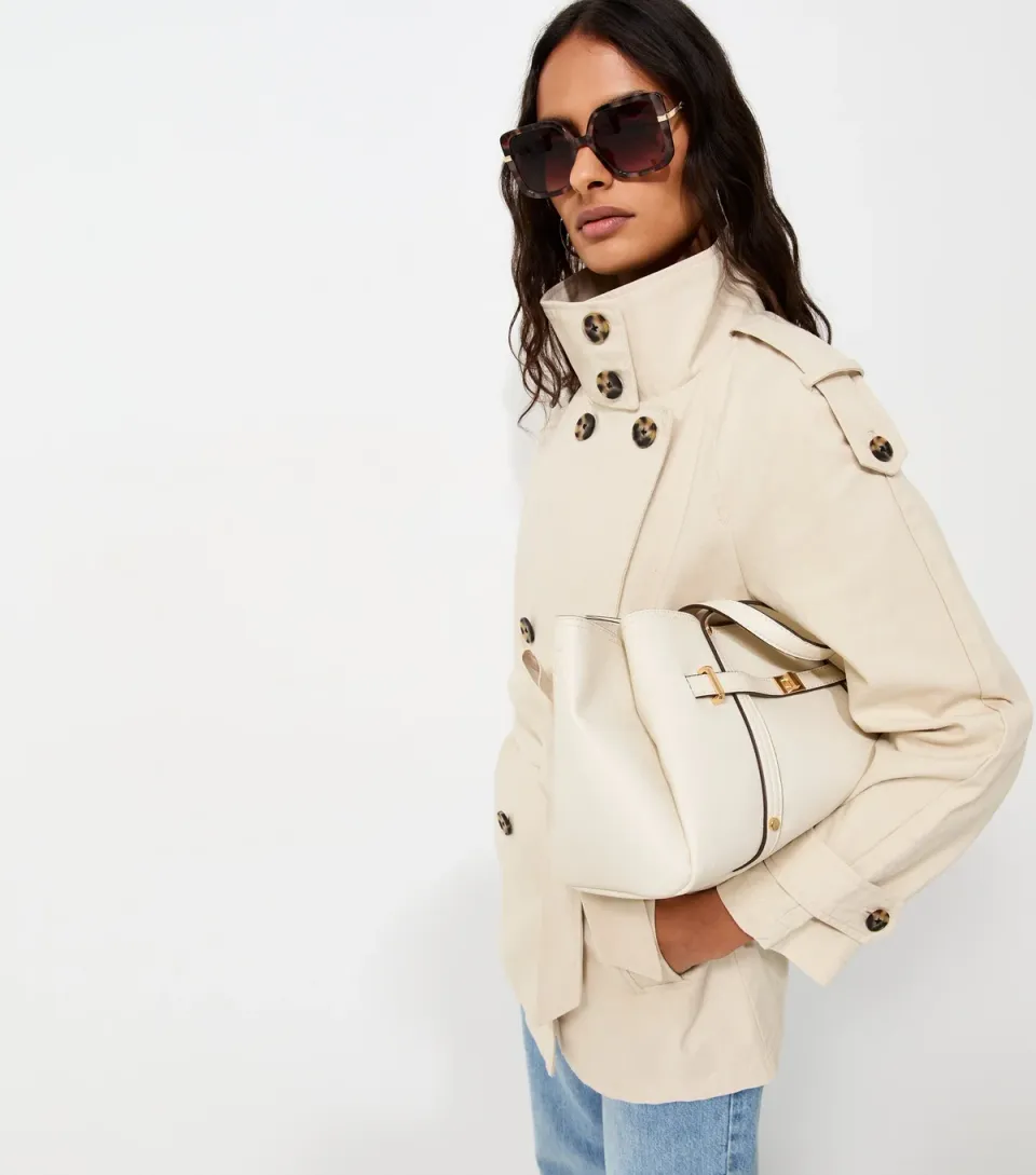 Women's Stone Cotton Funnel Neck Tie Waist Trench Jacket