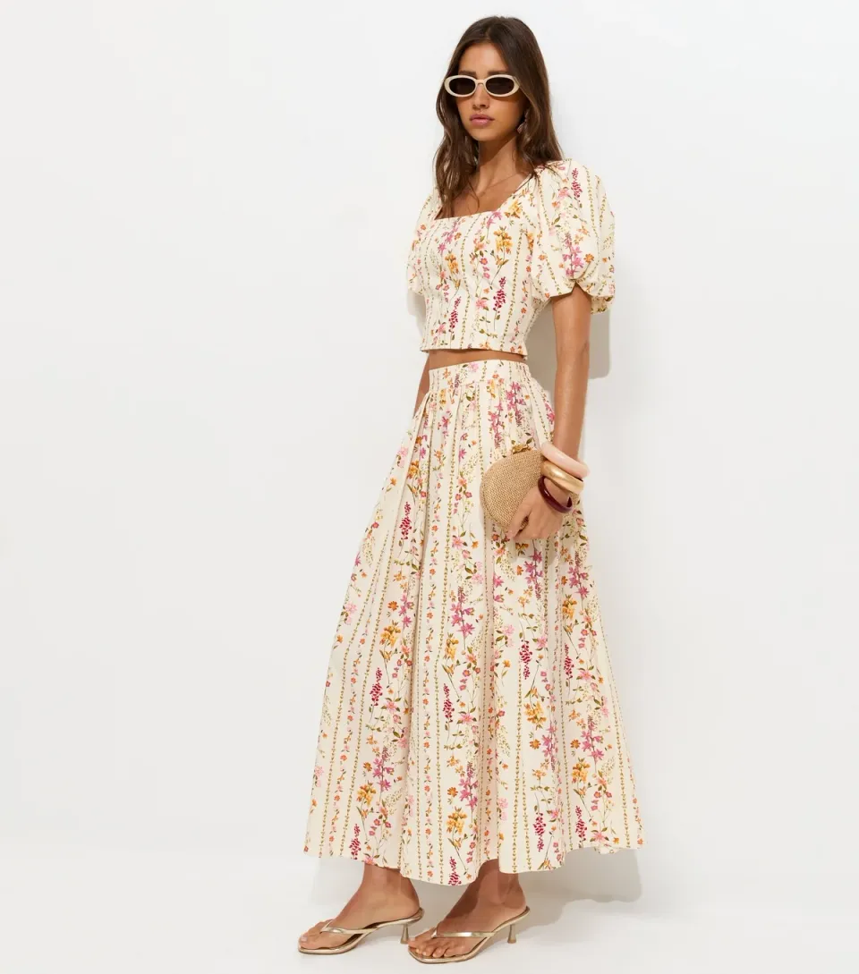 Women's White Floral Print Midi Skirt