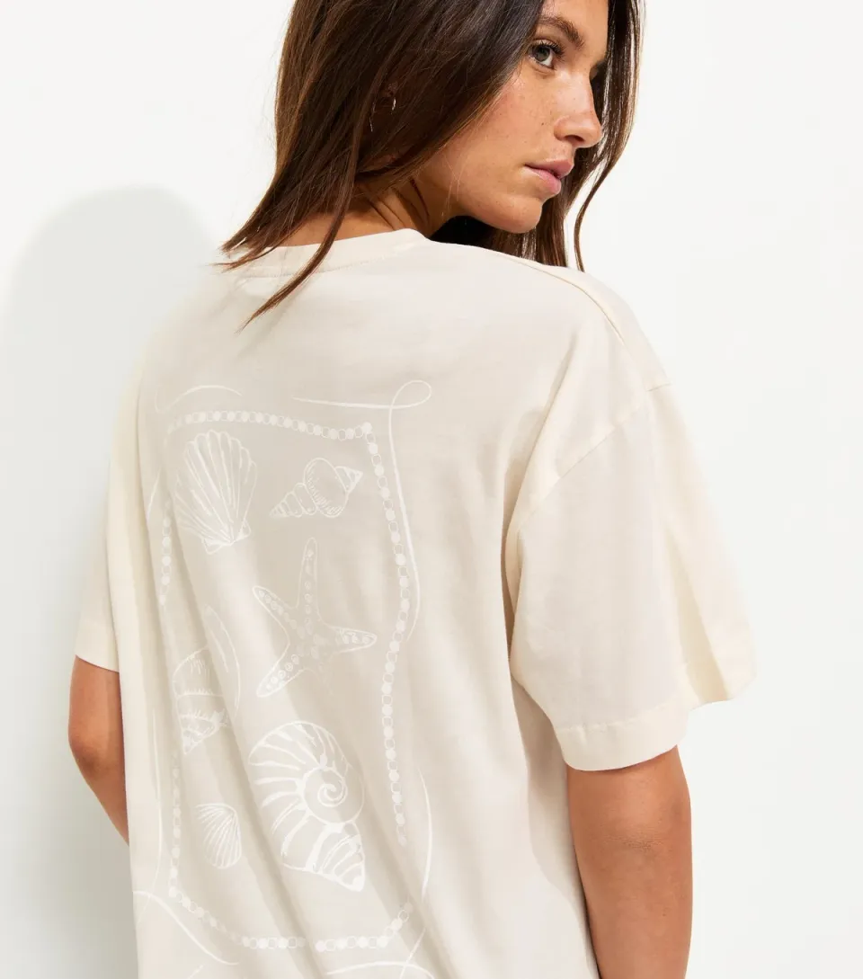Women's Off White Cotton Shells Print Oversized T-Shirt
