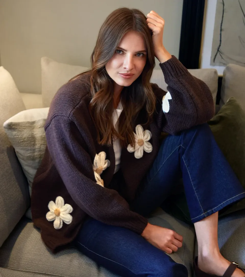 Women's Brown Daisy Embroidered Cardigan
