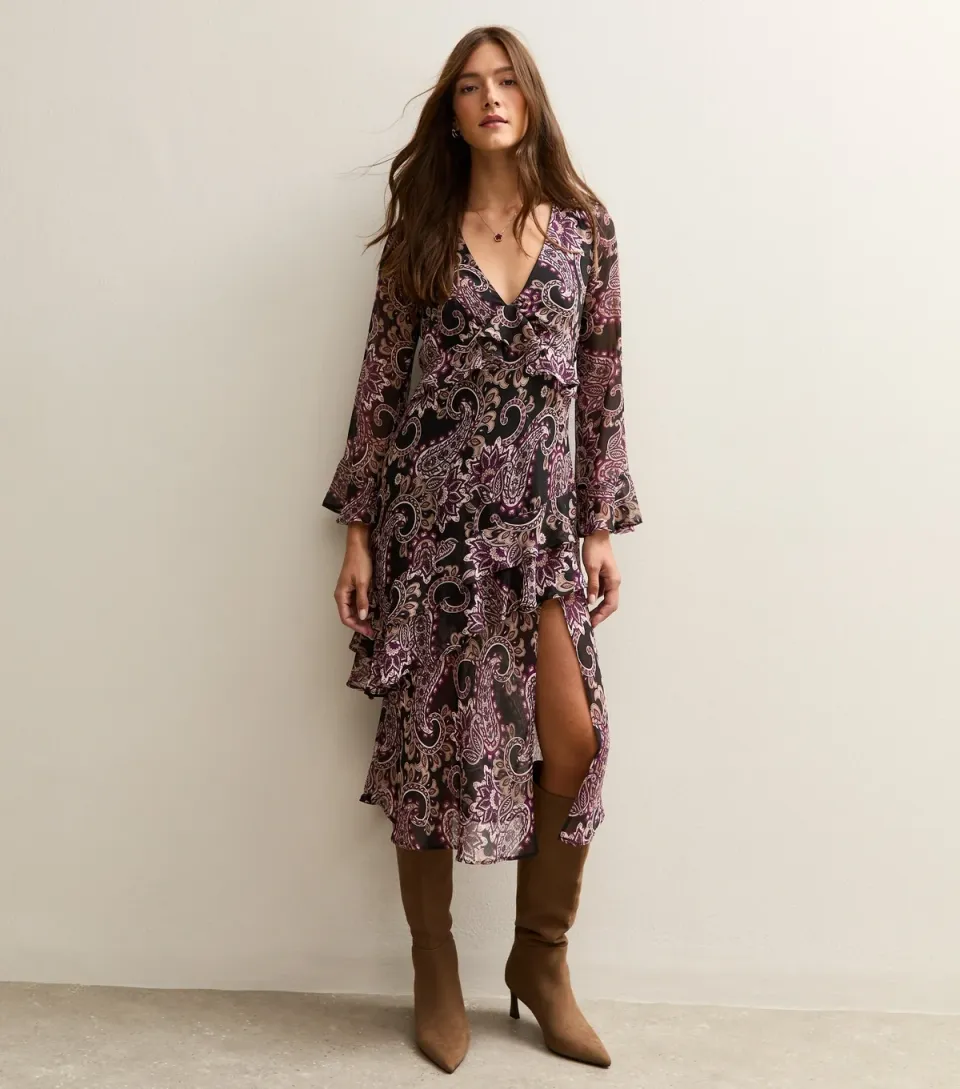 Women's Black Paisley Print Chiffon Midi Dress