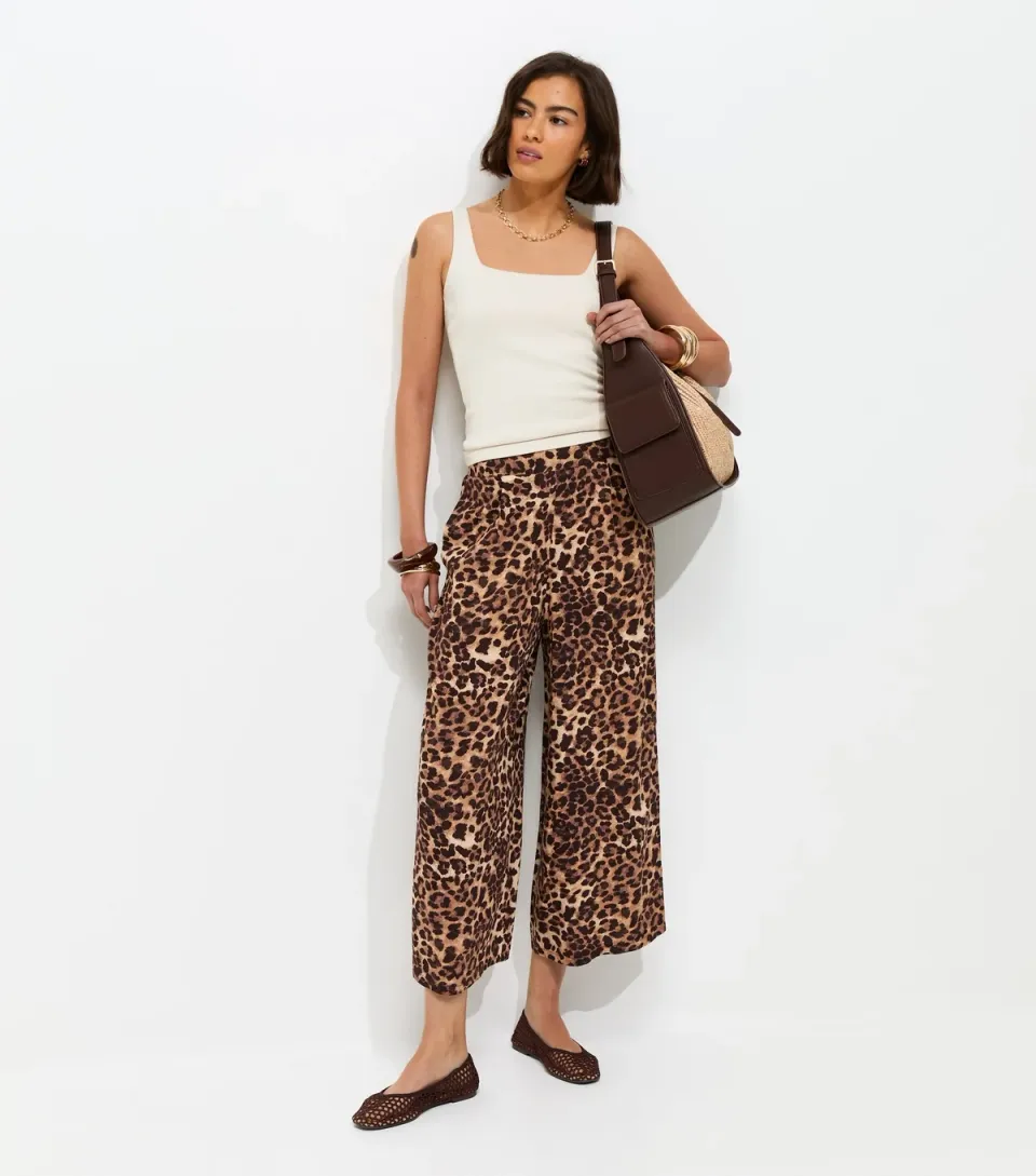 Women's Brown Animal Print Cropped Wide Leg Trousers