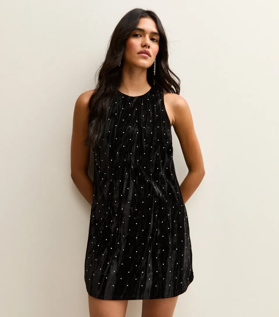 Women's Black Diamante Embellished Velvet Mini Dress