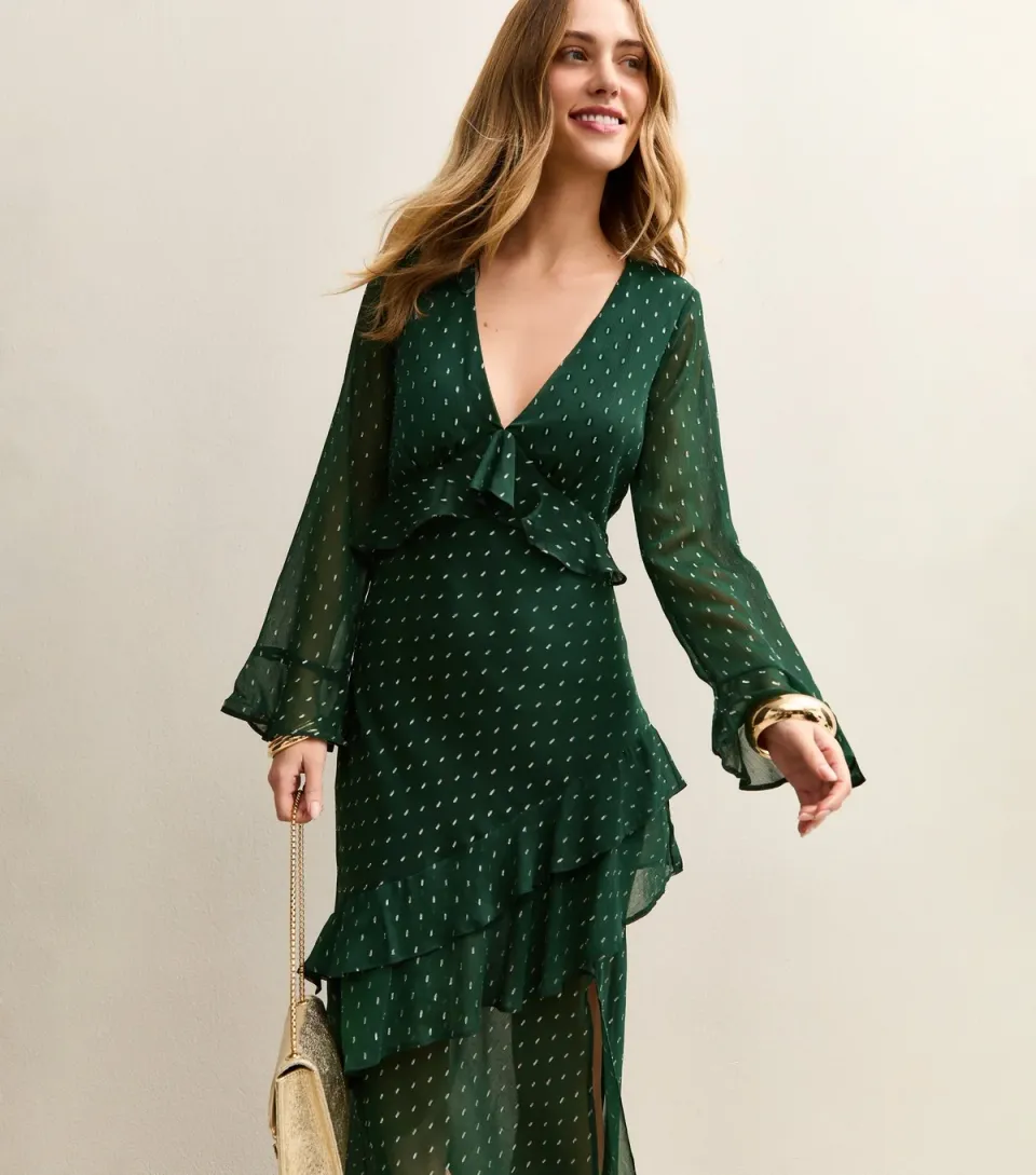 Women's Dark Green Foil Spot Ruffle Trim Midi Dress