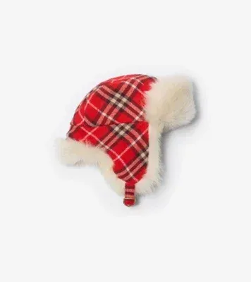 Check Wool Trapper Hat in Crayon red