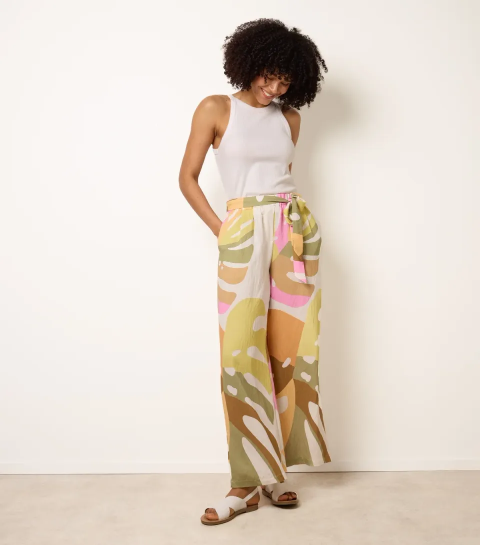 Women's Multicoloured Leaf Print Wide Leg Trousers